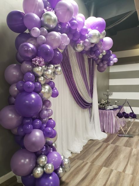 Purple balloons and white sheer backdrop Purple And Gold Balloon Backdrop, Purple Retirement Party Decorations, Purple Debut Backdrop, Purple White Silver Balloon Garland, Silver And Purple Balloons, Sheer Curtain Backdrop With Balloons, Purple Party Backdrops, Lavender And White Party Decorations, Purple And White Balloon Decorations