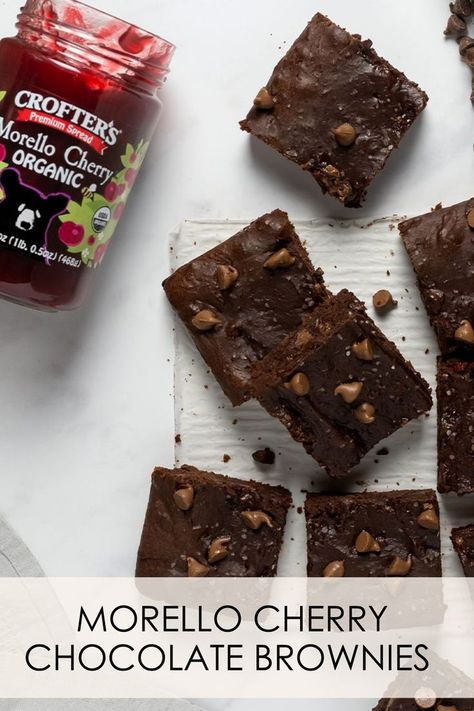 If you like the classic flavor combination of rich chocolate and sweet cherries, you’ll love these Morello Cherry Chocolate Brownies! This quick and easy recipe is fudgy, gooey and studded with chunks of sweet and juicy cherries—thanks to our Morello Cherry Spread. With each bite enjoy bursts of chocolate, salty almond butter, and luscious cherry flavor. These gluten free brownies make a delicious easy dessert and are sure to be a hit during the holidays or any celebration! Yummy Desserts Easy, Cherry Chocolate, Gluten Free Brownies, Cherry Flavor, Yummy Lunches, Sweet Cherries, Chocolate Cherry, Easy Dessert, Easy Lunches