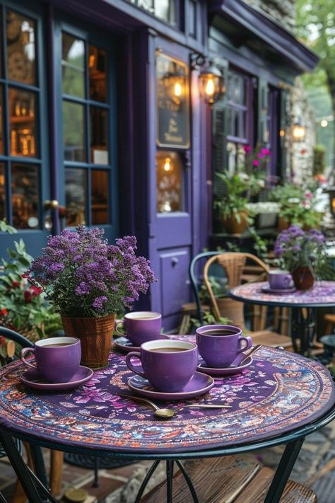 Wine Cafe, Purple Cafe, Lilies Flowers, Café Design, Cozy Coffee Shop, Cafe Shop Design, Outdoor Bistro Set, Cozy Cafe, Cafe Shop