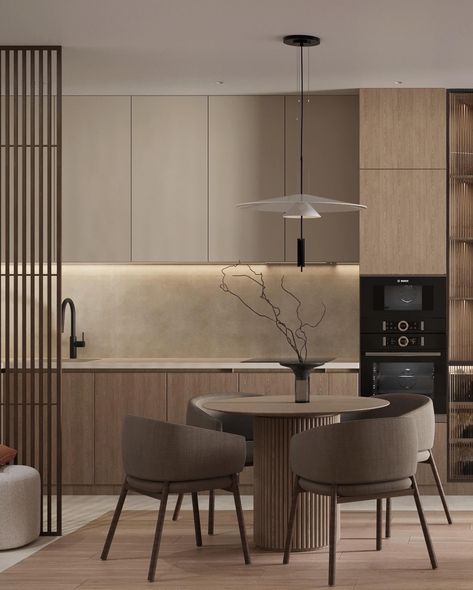 Apartment Inspiration Kitchen Modern, Beige Kitchen With Wood, Modern Beige Interior, Small Kitchen Without Window, Open Floor Plan Living Room And Kitchen And Dining Room, Kitchen Room Design Modern, Kitchen Trends 2025 Interior Design, Small L Kitchen, Modern Japandi Interior