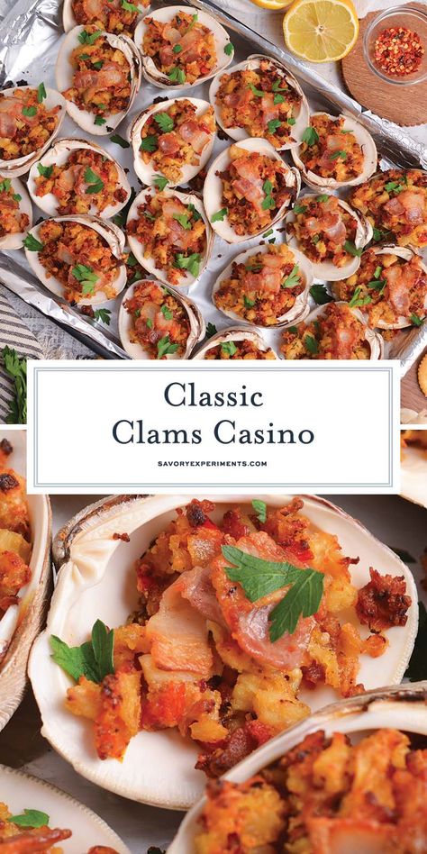 This classic Clams Casino recipe combines clams, crispy bacon, a buttery stuffing, and bright bell peppers for a crowd-pleasing appetizer! Clams Casino Recipe, Baked Clams Recipe, Clam Appetizers, Clams Casino, Delicious Seafood Recipes, Christmas Dinner Menu, Clam Bake, Clam Recipes, Easy Seafood Recipes