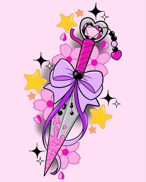 Kawaii Tattoo Design, Kawaii Knife Tattoo, Kawaii Tattoo Ideas Pastel Goth, Pastel Tattoo Kawaii, Kawaii Anime Tattoo, Pastel Goth Tattoo Ideas, Kawaii Goth Art Creepy Cute, Pastel Goth Drawing, Creepy Cute Tattoo