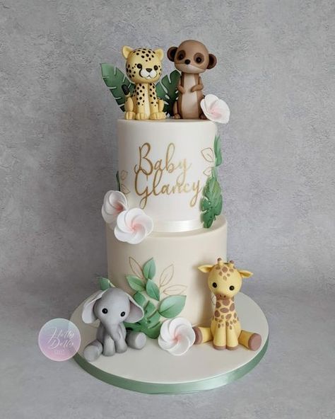 Surrey Wedding/ Celebration Cakes on Instagram: "I was so in love with this cake when it was finished! It was based on the invitation, which is turning out to be my favourite way to work. Animals are a really popular theme for babies' cakes, they work for Christening cakes, birthdays cakes and baby shower cakes! --------------------------------- #hollydollycakesuk #hollydollycakes #surbitonmums #surreymums #swlondonmums #swlondoncake #epsommums #reigatemums #wimbledonmums #kingstonmums #cobhammu Dolly Cakes, Safari Animals Cake, Jungle Baby Shower Cake, Animals Fondant, Animal Baby Shower Cake, Cake Toppers Fondant, Safari Baby Shower Cake, Jungle Cakes, Jungle Theme Cakes