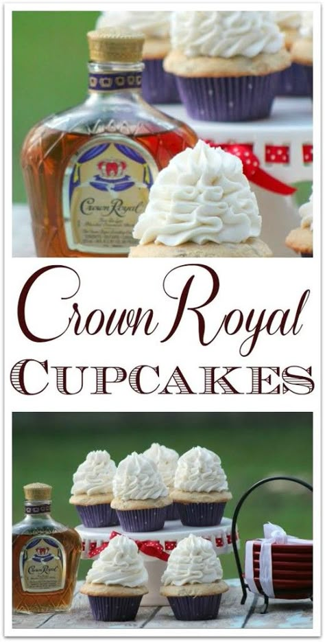 These delicious Crown Royal Cupcakes are the perfect dessert for your adult party! The flavor of the Crown Royal is subtle, with a hint of vanilla and fruit. The next time you need a recipe for something special to bring to a party, try this amazing sweet treat! Crown Royal Vanilla Recipes, Crown Royal Cupcakes, Alcohol Infused Desserts, Butter Pecan Cupcakes, Alcohol Cupcakes, Liquor Cupcakes, Adult Cupcakes, Alcohol Cakes, Royal Cupcakes