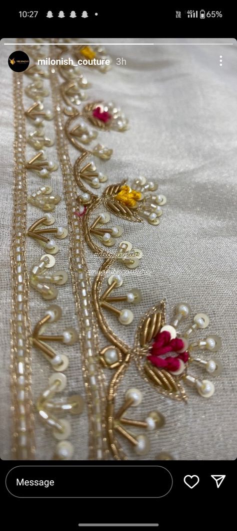 Hand Work For Kurti Neck, Zardosi Neckline Embroidery, Zardosi Butti Work, Khatli Work Blouse Design, Aari Work Neck Design, Zari Work Embroidery, Zardosi Embroidery, Zardosi Work, Diy Fabric Jewellery