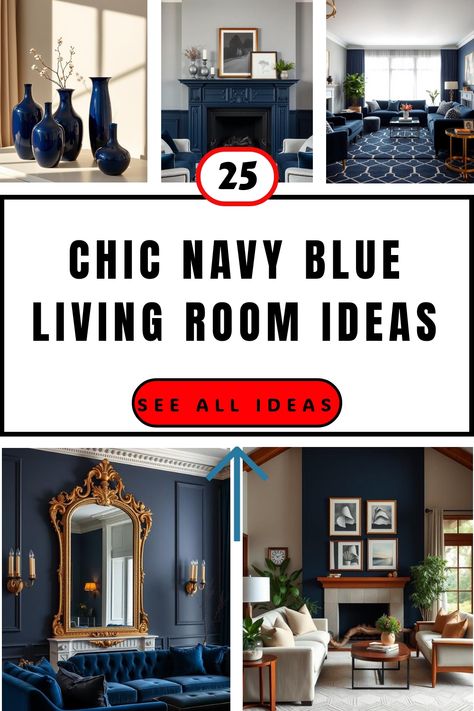 Chic navy blue living room decor ideas collage with stylish furniture and accents. Navy And Dark Brown Living Room, Transitional Blue Living Room, Blue Living Room Aesthetic, Navy Blue Living Room Ideas, Navy Blue Living Room Decor, Blue Living Room Decor Ideas, Blue Living Room Ideas, Blue Bookshelves, Navy Blue Furniture