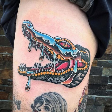 Sullen Art Collective on Instagram: “Chromed out Gator by @cfhtattooer of Spring Hill, Florida” Alligator Tattoo, Crocodile Tattoo, Traditional Tattoo Inspiration, Tattoo Apprenticeship, Traditional Tattoo Sleeve, Tattoo People, Old School Tattoo Designs, Traditional Tattoo Design, Traditional Tattoo Art