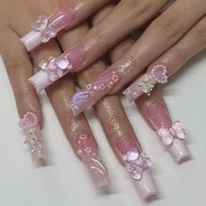 Extra Long Press on Nails Square French Tips Acrylic Coffin False Nails Sets Artificial Pink Fake Nails with Bear Pearl Designs Glossy Full Cover Glue Stick on Fingernails with Charm for Women Nails Long Square, Pink French Tip, Fake Nails White, French Tip Acrylics, Fake Nails Long, Press On Nails Long, Long Press On Nails, Nail Colors Winter, Nails For Women