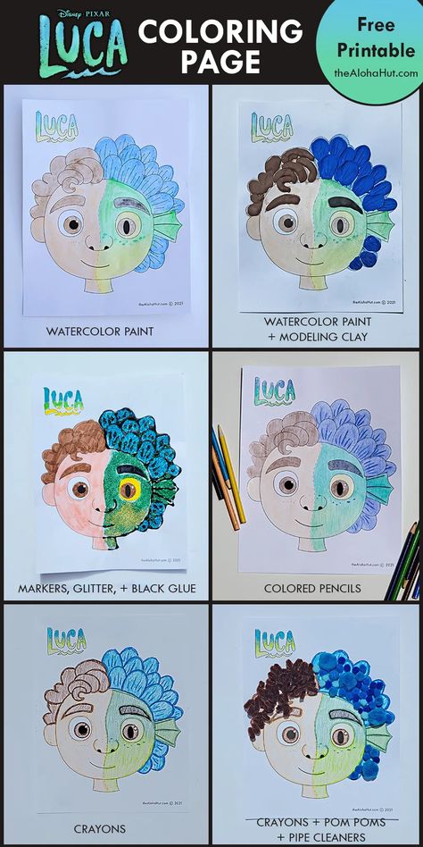 Disney Pixar LUCA Coloring Page - Using 6 Different Art Mediums - The Aloha Hut Disney Art For Preschoolers, Pixar Activities For Kids, Disney Art Activities For Kids, Disney Art Activities, Disney Activities For Preschoolers, Disney Art Projects For Kids, Movie Crafts For Kids, Disney Arts And Crafts, Movie Activities For Kids