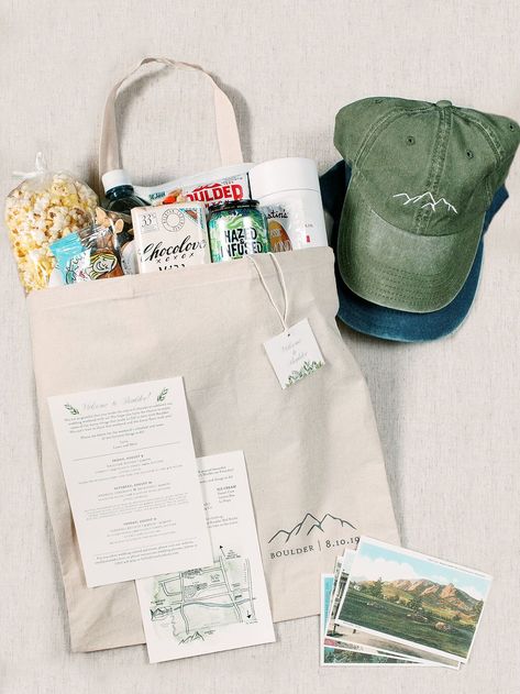 Elopement Gifts For Guests, Camp Welcome Bags, Welcome Gifts Wedding, Cabin Trip Gift Bags, Mountain Bachelorette Party Themes, Camp Wedding Welcome Bags, Vintage Camp Wedding, Camp Bachelorette Gifts, Outdoorsy Bridesmaid Gifts