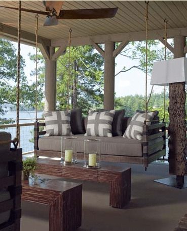 Front Porch Swing, Lake House Interior, Porch Swing Bed, Backyard Hammock, Garage Loft, Sleeping Porch, Rustic Porch, Cozy Patio, Patio Swing