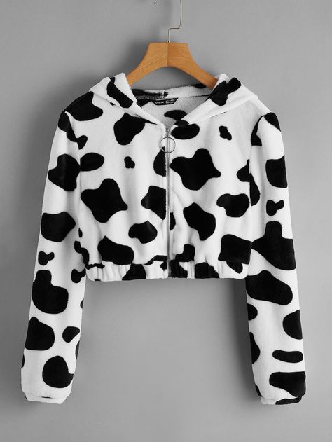 Cow Pattern Zip Up Hooded Teddy Jacket | SHEIN USA Cow Outfits, White Faux Fur Coat, Fall Hoodies, Sweatshirt Cute, Teddy Jacket, Cute Blouses, Really Cute Outfits, Print Pullover, Teen Fashion Outfits