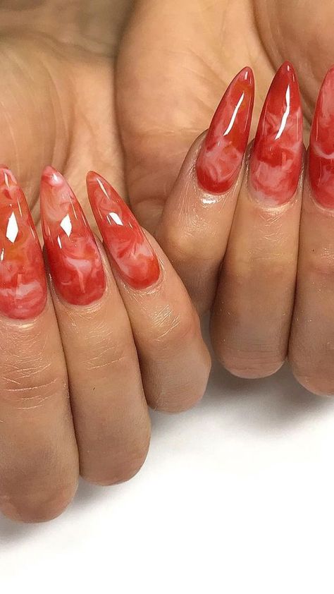 Red Marble Nail Designs, Peach Marble Nails, Marble Red Nails, Red Vacation Nails, Orange Marble Nails, Summer Nails Red, Red Nails Summer, Red Nail Designs Summer, Red Marble Nails