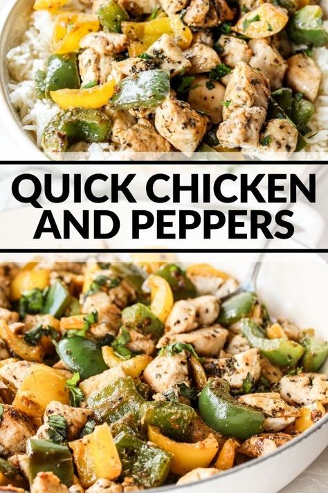 Keep dinner simple but delicious with this easy entree of chicken and bell peppers! Serve over rice, roasted veggies, pasta, or potatoes. Roasted Veggies Pasta, Chicken Bell Pepper Recipes, Chicken And Bell Peppers, Chicken Peppers And Onions, Chicken And Peppers, Stuffed Bell Peppers Chicken, Green Pepper Recipes, Veggies Pasta, Serve Over Rice