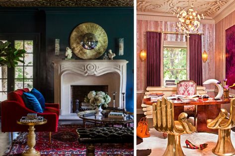 Room on the left by House of Honey, room on the right by Kelly Wearstler. Old Hollywood Living Room, Living Room 90s, Living Room 80s, Hollywood Living Room, Hollywood Glam Living Room, Glamour Living Room Decor, Living Room Hippie, Hollywood Room, Old Hollywood Decor