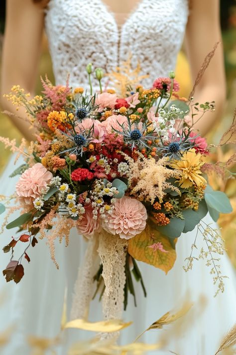 40+ wildflower wedding bouquets designed to make your fall wedding unforgettable. Dive into warm tones, earthy textures, and the romantic simplicity of wildflowers. These bouquets are perfect for brides looking for that seasonal touch. Don’t miss the full list! #bohobride #fallflorals #wildflowerlove Wildflower Pampas Grass Wedding, Mauve Wildflower Bouquet, Diy Boho Bridesmaid Bouquet, Fall Bridal Flowers, Wedding Ideas Wildflowers, Early Spring Wedding Flowers, Autumn Wildflower Wedding, June Wedding Florals, Wild Flower Themed Wedding