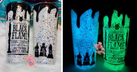 Hocus Pocus Black Flame Candle, Hocus Pocus Tumbler, Crafts For Cricut, Glow In The Dark Tumbler, Sisters Black, Resin Business, Interesting Crafts, Black Flame Candle, Disney Now