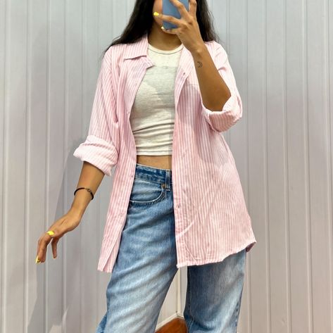 Pink stripe shirt sold❌ Bust - upto 36-37 Length- 30 Price-₹450 Dm to book Pink Striped Button Up Shirt Outfit, Pink Casual Shirt With Vertical Stripes, Pink Cotton Shirt With Striped Collar, Pink Solid Color Button-up Shirt, Pink Vertical Striped Button-up Top, Affordable Clothes, Pink Stripes, Online Clothing Stores, Striped Shirt