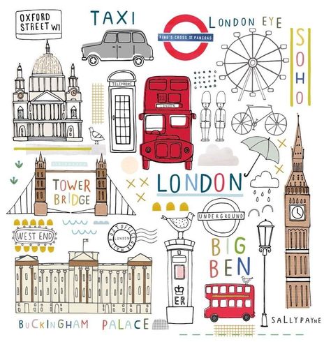 London Landmarks Illustration, Album Photo Voyage, London Drawing, Scrapbook Planning, London Illustration, London Kids, London Theme, Travel Journal Pages, Diy Photo Book