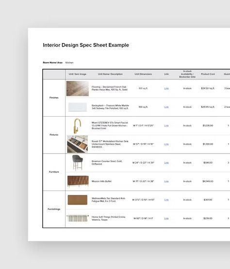 Interior Design Spec Sheet Free Template + Guide | Houzz Pro Interior Design Schedule Template, Interior Design Shopping List Template, Interior Design Printables, Interior Design Specification Sheet, Material Specification Interior Design, Material Selection Interior Design, Product Spec Sheet, Interior Design Budget Template, Interior Design Price List