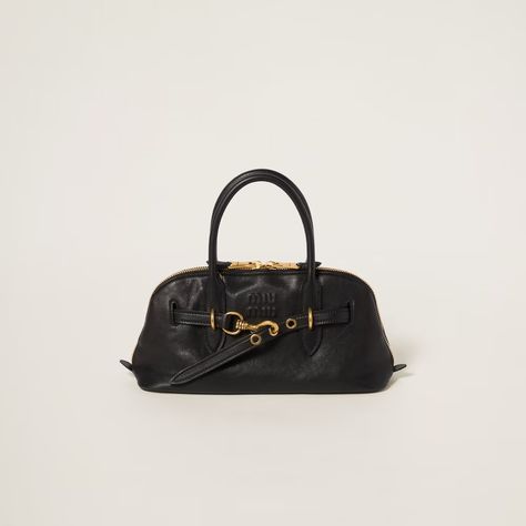 Black Aventure Nappa Leather Top-handle Bag | Miu Miu Miu Miu Shoulder Bag, Black Top Handle Miu Miu Shoulder Bag, Luxury Leather Shoulder Bag By Miu Miu, Luxury Leather Miu Miu Bags, Miu Miu Leather Top-handle Bag, Miu Miu Shoulder Bag With Gold-tone Hardware For Travel, Miu Miu Wallet, Miu Miu Handbags, Louis Vuitton Shoulder Bag