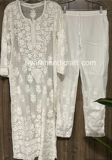 Buy Lucknow Chikankari White Kurta and Pants / Fine Georgette/ FREE SHIPPING in US Online in India - Etsy Plazo Suit Design, Lucknowi Kurta, Kurta And Pants, Chikankari Kurta, Dresses Traditional, Muslim Outfits Casual, White Kurta, Indian Dresses Traditional, Muslim Outfits