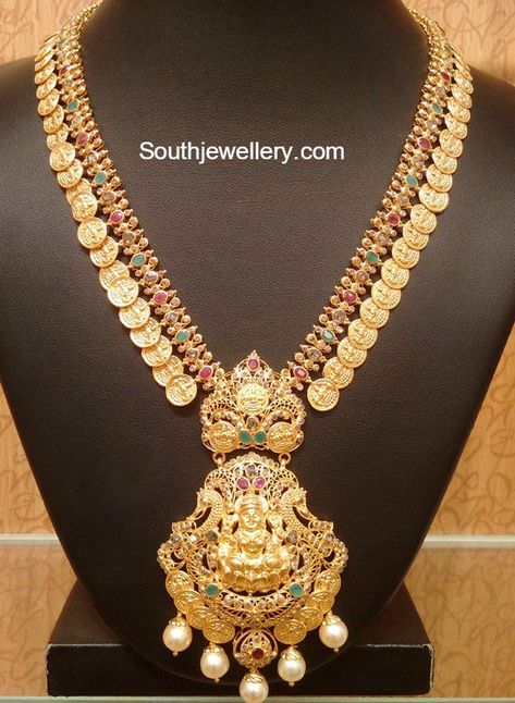 Kasu Haram with Lakshmi Pendant Naj Jewellery, Kasu Haram, Kasu Mala, Lakshmi Pendant, 22 Carat Gold Jewellery, Haram Designs, Gold Necklace Indian, Gold Jewelry Simple Necklace, Beautiful Gold Necklaces