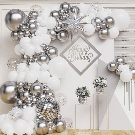 PRICES MAY VARY. [White And Silver Balloons Garland Arch Kit]The white and silver disco ball balloon arch garland kit is perfect for New Year’s Eve 2024, teenagers birthday, DISCO party, anniversary, baby shower partys. Whether you're planning a small gathering or a large event, our balloon arch kit will instantly transform any room into a lively and energetic atmosphere. 【Premium Value Pack】The white and silver balloon arch kit includes 134pcs latex balloons, 1pcs 4D disco ball balloons, 1pcs s Cute Sweet 16 Party Themes, White Party Decorations Elegant, Silver And White Birthday Party Decor, Diamond Party Decorations, Silver 40th Birthday Party, White And Silver Balloon Arch, Silver Decorations Party, All White Party Decorations, Birthday Decorations Silver