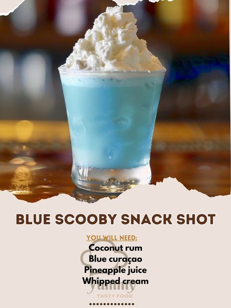 🥃 Try our vibrant Blue Scooby Snack Shot for a fun and fruity drink! 🥃💙 #ScoobySnackShot #FunDrinks Blue Scooby Snack Shot Ingredients: Coconut rum (1 oz) Blue curaçao (1 oz) Pineapple juice (1 oz) Whipped cream (for topping) Instructions: Shake coconut rum, blue curaçao, and pineapple juice with ice. Strain into a shot glass. Top with whipped cream. Enjoy this playful and colorful shot! 🥃💙✨ #RecipeInspire #PartyShots #BlueScoobySnack Jello Shots Blue Curacao, Blue Scooby Snack Drink, Jolly Rancher Shots Recipe, Scooby Snack Drink, Scooby Snack Shot, Fruity Shots, Blue Curacao Drinks, Shots Drinks, Grape Crush