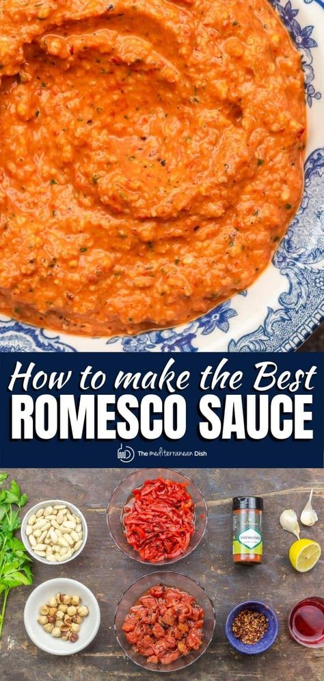 Mediterranean Cooking, Mediterranean Foods, Vegetable Kabobs, Bathroom Upstairs, Romesco Sauce Recipe, Roasted Red Pepper Sauce, Romesco Sauce, Red Pepper Sauce, Interesting Recipes