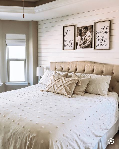 Shiplap Bedroom Wall | Farmhouse Bedroom Style | Anyhropology Bedding | Wayfair Home Decor Sale | Affordable Bedroom Decor | Master Bedroom | Tassle Pillows | Polka Dot Bedspread Bedroom Tufted Headboard, Affordable Bedroom Decor, Shiplap Bedroom, Farmhouse Shiplap, Affordable Bedroom, Bed Wall Decor, Master Decor, Farmhouse Bedroom Decor, Farmhouse Bedroom