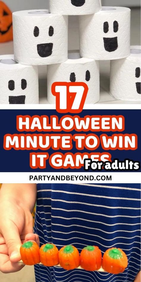 Elevate your Halloween party with 17 spooky Minute to Win It games for adults! These eerie and exciting challenges are perfect for adding a thrilling twist to your celebration. From creepy tasks to haunted races, these games will keep your guests engaged and entertained throughout the night. Get ready for a Halloween full of spine-tingling fun and friendly competition! #MinuteToWinIt #HalloweenGames #SpookyFun #AdultParty #Halloween2024 Halloween Party For Families, Classic Halloween Party Games, Halloween Party Ideas Family Friendly, Interactive Halloween Games, October Games For Seniors, Halloween Senior Activities, October Activity Days Ideas, Halloween Party Ideas For Kids Games, Halloween Games For Seniors