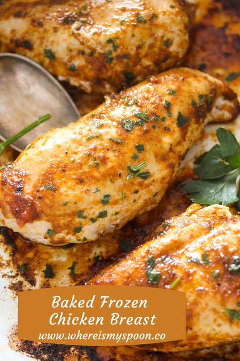 Learn how to bake frozen chicken breast in the oven: it’s quick, easy, and delicious. The perfect dinner solution if you forgot to thaw the chicken. How To Bake Frozen Chicken In The Oven, Baking Frozen Chicken In Oven, How To Cook Frozen Chicken, Frozen Chicken Oven, Recipes With Frozen Chicken Breast, Frozen Chicken Breast Recipes Oven, Baked Frozen Chicken Breast, Chicken Tenderloins In Oven, Baked Chicken Breast Recipes Oven