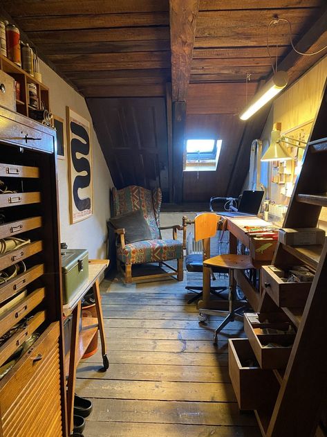 Secret, Cosy Attic Workspace by Zwitzh in Denmark Attic Workspace, Secret Attic, Loft Bed Desk, Honed Concrete, Attic Nook, Industrial Studio, Franklin Homes, Basement Studio, Office Pods