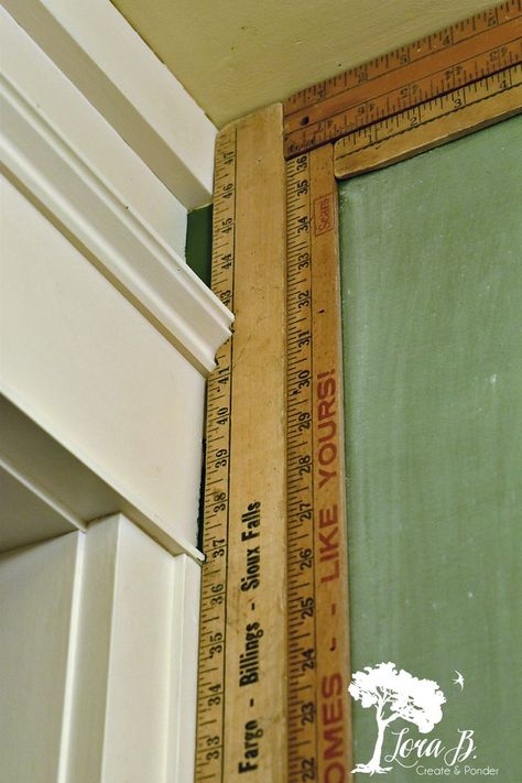 Rulers become a frame for a chalkboard wall. Diy Green Chalkboard, Green Chalkboard Wall, Hawthorn House, Chalk Signs, Wooden Ironing Board, Repurposed Junk, Diy Recycled Projects, Mail Sorter, Green Chalkboard