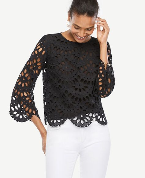 Shop Ann Taylor for effortless style and everyday elegance. Our Petite Scalloped Eyelet Top is the perfect piece to add to your closet. Taylor Outfits, Extra Petite, Black Lace Blouse, Eyelet Top, Flattering Dresses, Pretty Style, Trendy Clothes For Women, Lace Blouse, Blouse Top