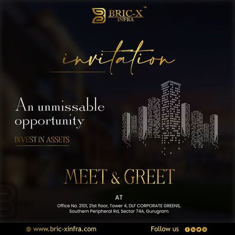 We are here with an invitation for a meeting and greeting at Bric-xinfra. Don’t miss the opportunity to invest in assets. Do visit us for your queries and doubts. We are here to help you. #realestate #investment #realestateinvestment #commercialproperty #residentialproperty #homesforsale #realestatehunting #luxury #amenities #location #areaadvantage #modernlifestyle #lifestyle #bricxinfra #gurugram For more queries visit www.bric-xinfra.com Real Estate Invitation, Real Estate Banner, Real Estate Marketing Design, Luxury Invitation, Hotel Amenities, Luxury Amenities, Modern Lifestyle, Marketing Design, Commercial Property