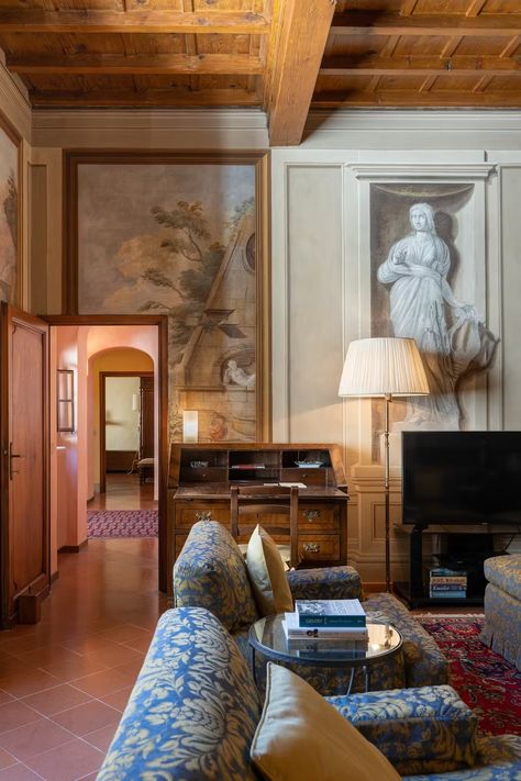 The Rose of Florence, Santa Croce, Florence | Plum Guide Santa Croce Florence, Boutique Hotels Interiors, Florence Apartment, Florence City, Beam Ceiling, Tall Windows, Wood Beam Ceiling, Hotel Interior, Wood Beams