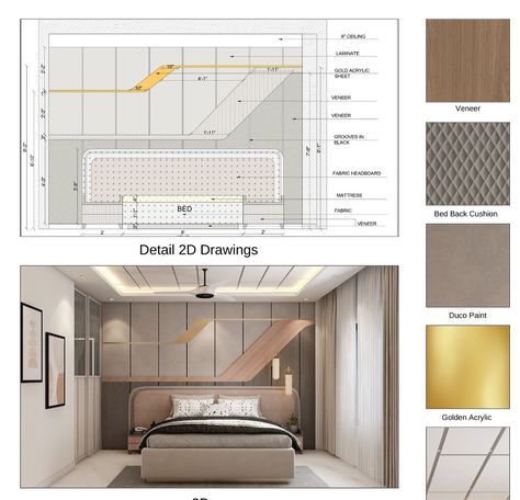 Livespace Kitchen Design, Bed Elevation Drawing, Interior Design Details Drawing, Asymmetric Bedroom, Interior Design Bedroom Drawing, Bed Detail Drawing, Bedroom Plans Layout Design, Details Drawing, Bed Back Design