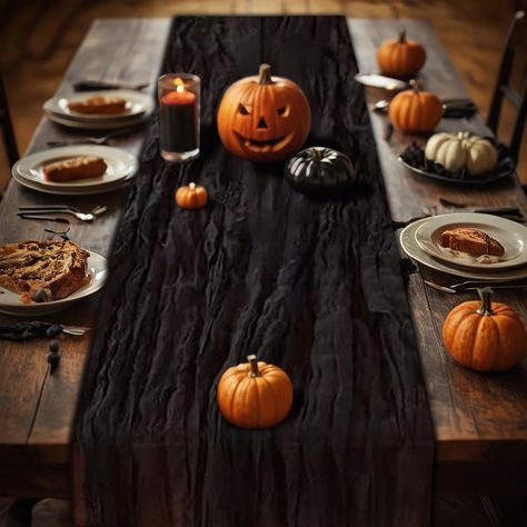 PRICES MAY VARY. Runner Package Include: You will get 1 PCS/120inch (10FT) long black cheesecloth table runner with 2 pcs string, approx.35" wide and 120" length.Boho Table Runner is suitable for rectangular and round tables that can accommodate 8-10 people,can be used for chair cover sashes or decorative napkins, backdrop draping or halloween table decorations. Soft and Comfortable:The gauze rustic table runner is made of high quality polyester, natural drape, lightweight and skin-friendly,soft Black And White Halloween Party Decor, Chic Halloween Party Decor, Halloween Dining Room Table Decor, Halloween Dinner Party Decor, Halloween Dining Table Decor, Table Decorations Halloween, Boho Halloween Decor, Harvest Party Decorations, Backdrop Draping