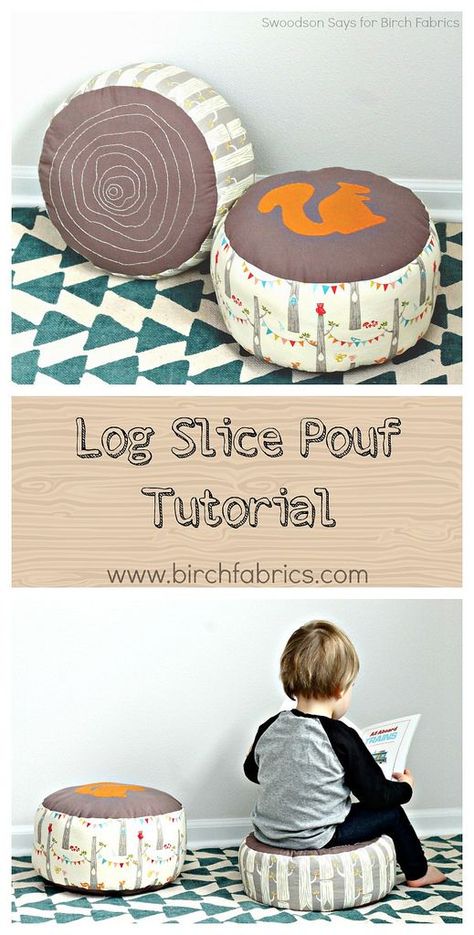 Log Slice Pouf Tutorial - a fun woodland themed sewing pattern! Perfect to sew for a nursery or playroom. Log Slice, Pillow Tutorial, Sew Ins, Beginner Sewing Projects Easy, Sewing Pillows, Sewing Projects For Kids, Baby Diy, Sewing Projects For Beginners, Easy Sewing Projects