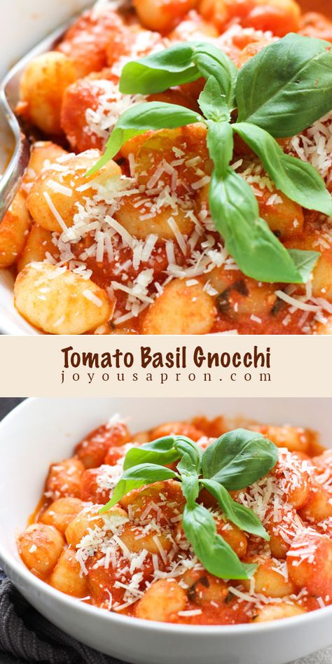 Tomato Basil Gnocchi - A meatless, vegetarian, easy Italian pasta dish! Gnocchi smothered with a highly flavorful, cheesy, basil-infused, garlicky tomato-based sauce. Simple and so delicious! #pasta #Italian #tomato #sanmarzano #gnocchi #30minutedinner #easydinner #quickmeals #recipe #vegetarian #joyousapron Gnocchi In Tomato Sauce, Gnocchi Recipes Tomato Sauce, Tomato Basil Gnocchi, Spinach Tomato Gnocchi, Gnocchi Cherry Tomatoes, Gnocchi Sauce, How To Cook Gnocchi, Tomato Basil Sauce, Italian Pasta Dishes