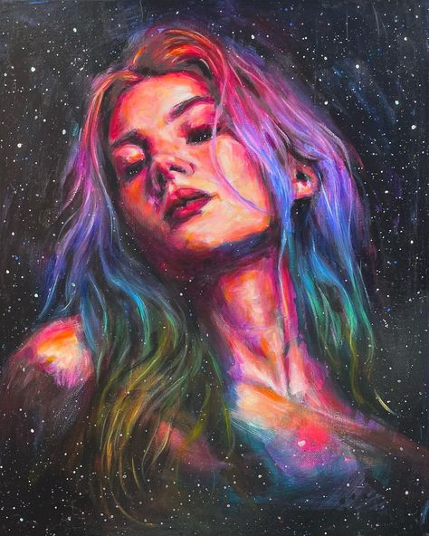 Rainbow Portrait Painting, Drops Of Jupiter, Rainbow Painting, Feminine Art, Galaxy Art, Expressive Art, Realism Art, Rainbow Art, Mixed Media Painting