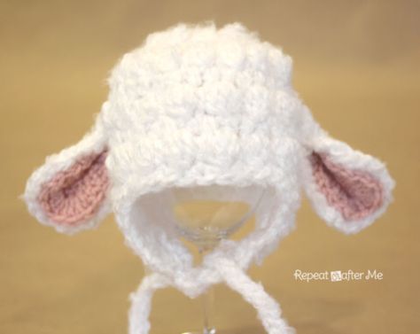 Crochet Lamb Hat Pattern - Repeat Crafter Me Newborn Crochet Hat Pattern, Lamb Hat, Crochet Hats For Boys, Crochet Patterns Baby Boy, Crochet Newborn Hat, Crochet Baby Bonnet, Repeat Crafter Me, Hat Patterns Free, Knitting Patterns Free Hats