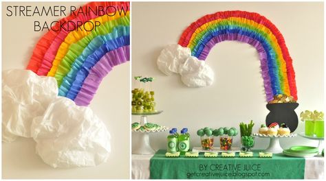 Rainbow Crafts & Desserts, 39 fun rainbow themed ideas! |via lollyjane.com #rainbow, Kids crafts, St. Patty's Day Party Streamer Backdrop, Party Streamer, Diy Streamers, Rainbow Backdrop, Streamer Backdrop, Rainbow Parties, Party Streamers, Creative Juice, Rainbow Crafts