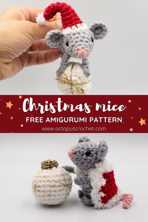 Christmas Mouse Crochet Pattern Free, Crochet Christmas Mouse Free Pattern, Christmas Mouse Crochet, Crochet Christmas Ball Ornaments Free Pattern, Crochet Christmas Mouse, Mouse Amigurumi, Octopus Crochet, Crochet Christmas Ornaments Free, Christmas Mice