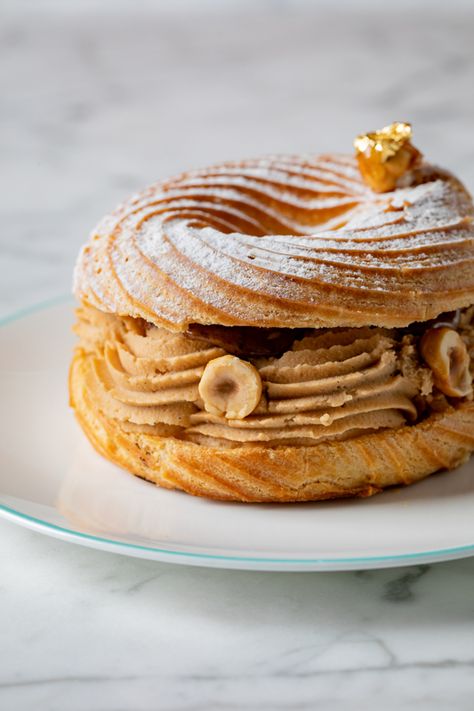 Hazelnut Paris Brest by Nicolas Rouzaud - Pastry Recipes in So Good Magazine Paris Bakery Patisserie, Vegan Paris Brest, Hazelnut Profiteroles, Hazelnut Paris Brest, Deck Oven, Poilane Bakery Paris, Paris Brest, Hazelnut Praline, Custard Powder