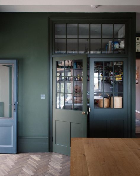 Dark green kitchen with built-in pantry by Plain English. Plain English Kitchen, Army Camp, Historic Kitchen, Dark Green Kitchen, Built In Pantry, Bespoke Kitchen Design, Plain English, Traditional Kitchen Design, Kitchen Clutter