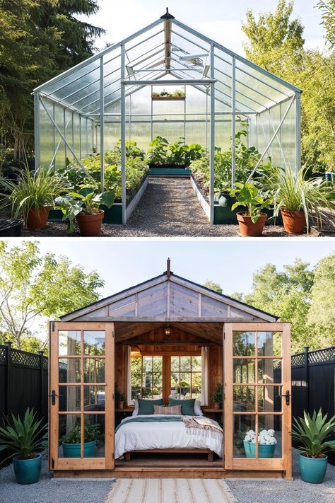 reclaim window greenhouse with plaants and the bottom image has a greenhouse bedroom Best Greenhouse Design, Greenhouse Connected To House, Reclaimed Window Greenhouse, Greenhouse Addition To House, Greenhouse Old Windows, Greenhouse Ideas Diy, Small Greenhouse Ideas, Diy Small Greenhouse, Greenhouse Layout