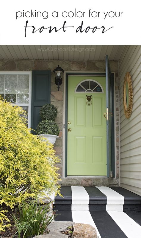 picking a color for your front door Painting Exterior Doors, Lime Green Front Door, Green Front Door, Painted Exterior Doors, Diy Doors, Stock Tank Swimming Pool, Tank Swimming Pool, Tan House, Homeowner Tips